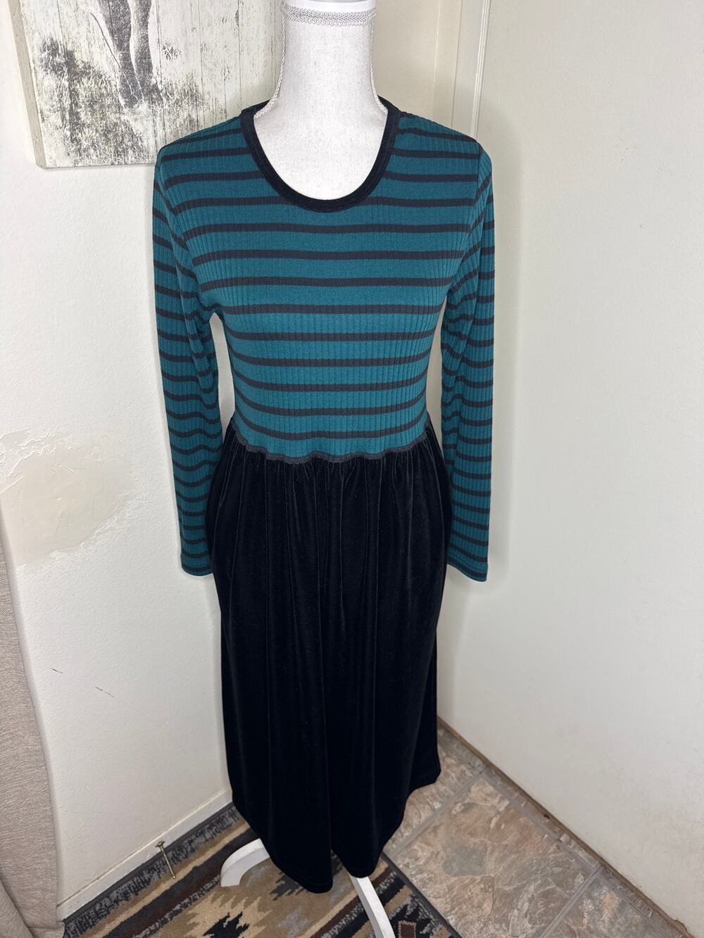 Vintage 90s Erika M Whimsigoth Grunge Alt Ribbed Striped Knit &Velvet Maxi Dress